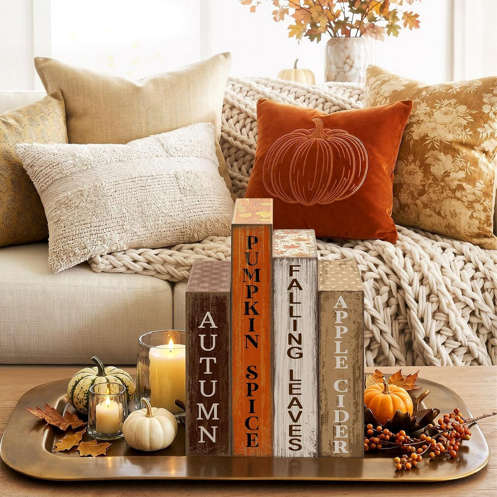 Fall Table Decoration Wooden Book Sign,Pumpkin - Set of 4