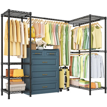 E10L L-Shaped Clothes Rack for Corner(With Expandable Hanger Rod)Heavy Duty Freestanding Clothing Racks for Hanging