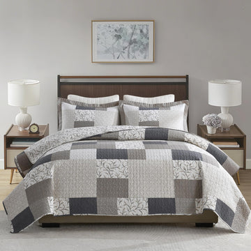 Quilt Bedding Set - 100% Cotton Quilts, Plaid Quilt, Farmhouse Botanical Quilt Sets, Lightweight