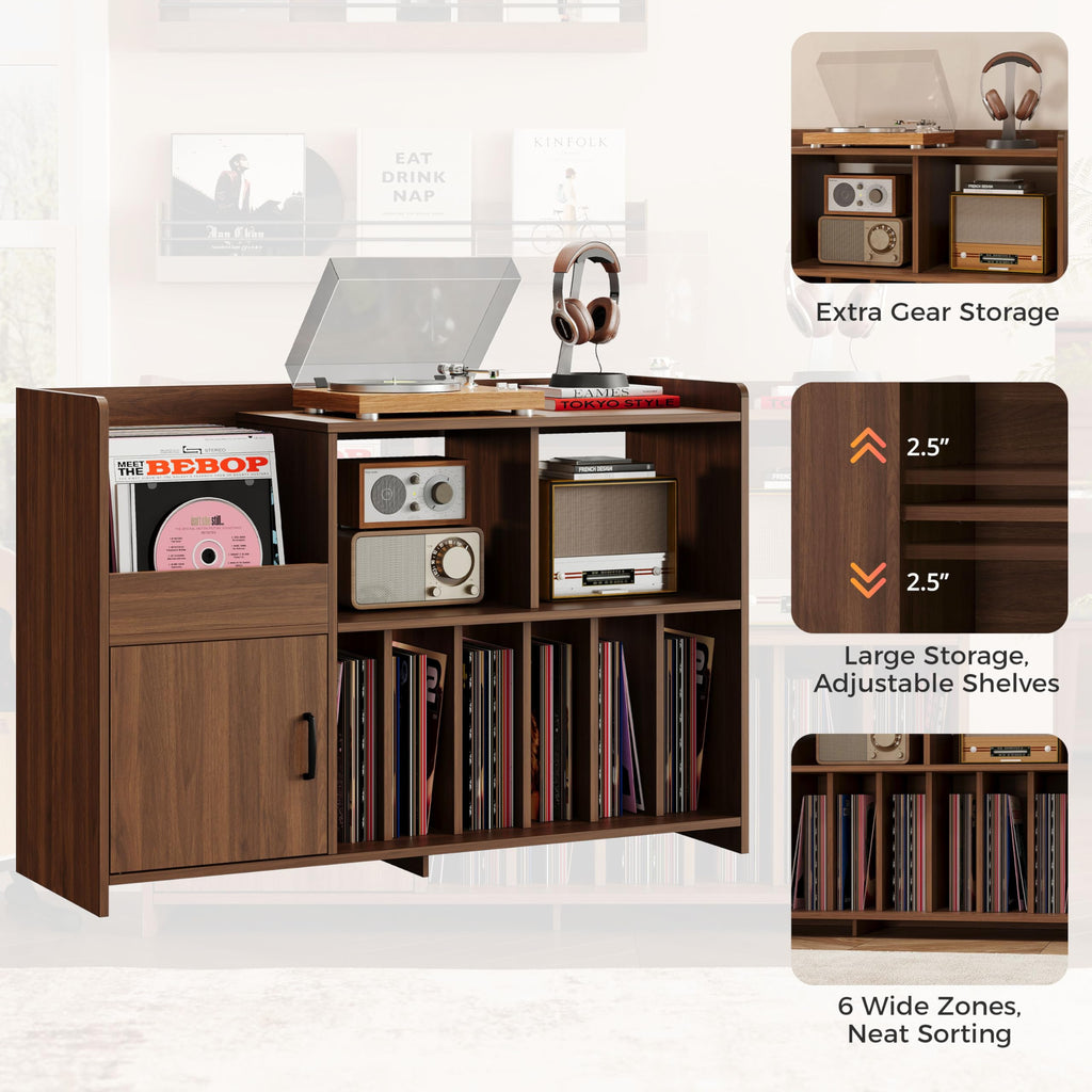 48" Mid-Century Modern Record Player Stand with Door, Walnut