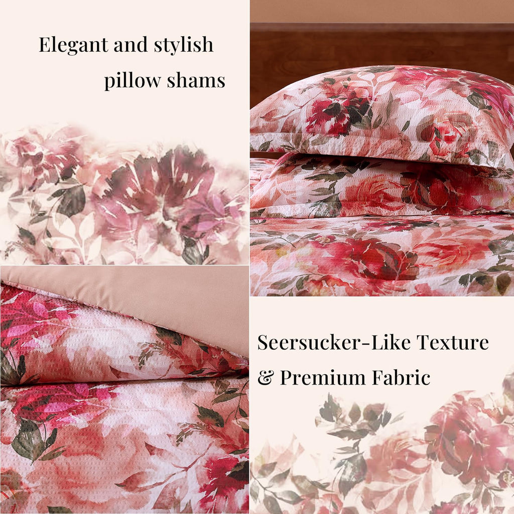 Comforter Set, 7 Piece Red Rose Floral Comforter Set with Flowers Leaves Pattern, Soft Seersucker Design All