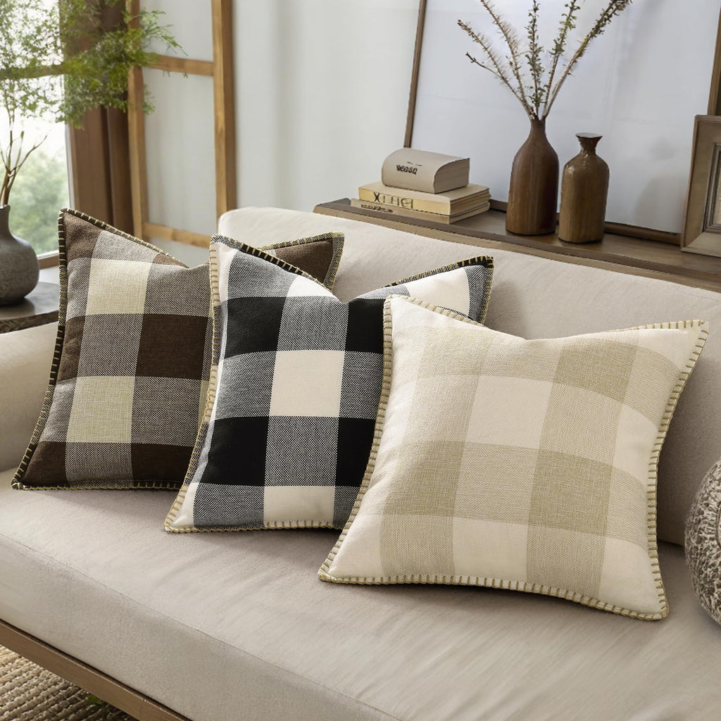 Fall Plaid Linen Throw Pillow Covers 22x22 Set of 2 Black White