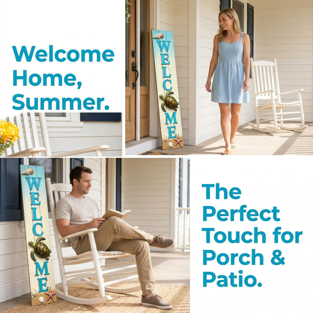 Vertical Wooden Sea Turtle Welcome Porch Sign, Rustic Summer Porch Standing Sign, Beach Decorative Plaques for Front