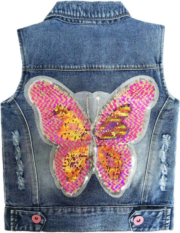 Little Big Girl Outfit Distressed Sleeveless Jacket Embroidered Sequins Butterfly Denim Vest