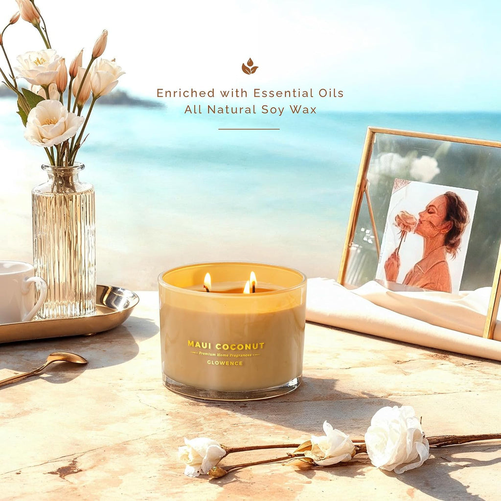 Luxury Coconut Scented Candle - Large 3 Wick Jar Candle - Elegant Gift for Women & Men - 100% Natural Soy Wax - Up - Set of 116
