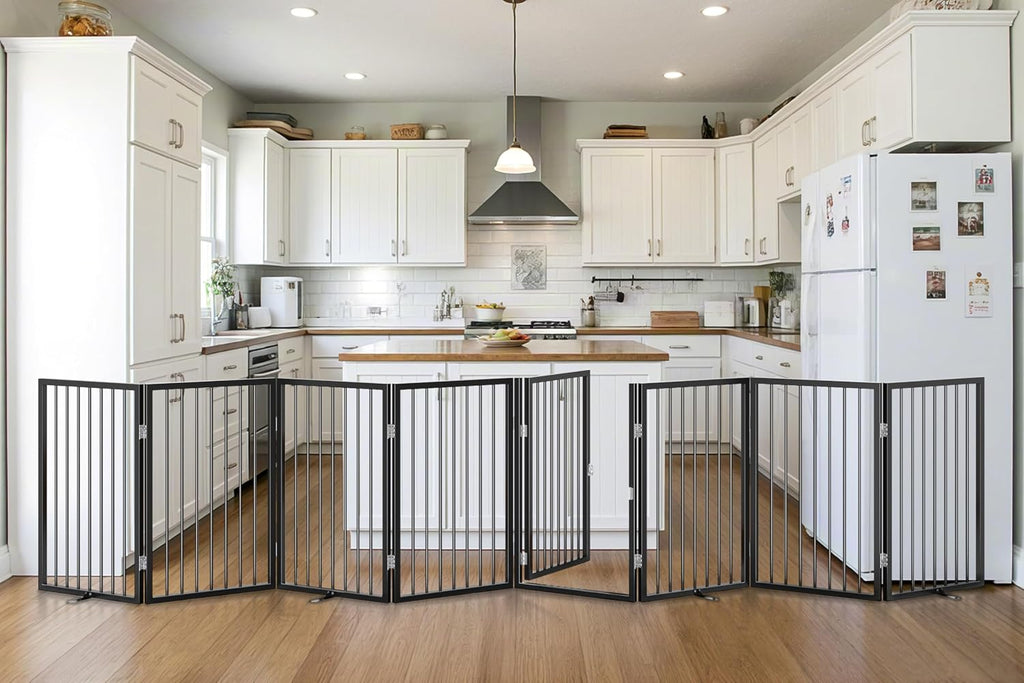 160" x 32" Foldable Freestanding Extra Wide Dog Gate with Door, Black
