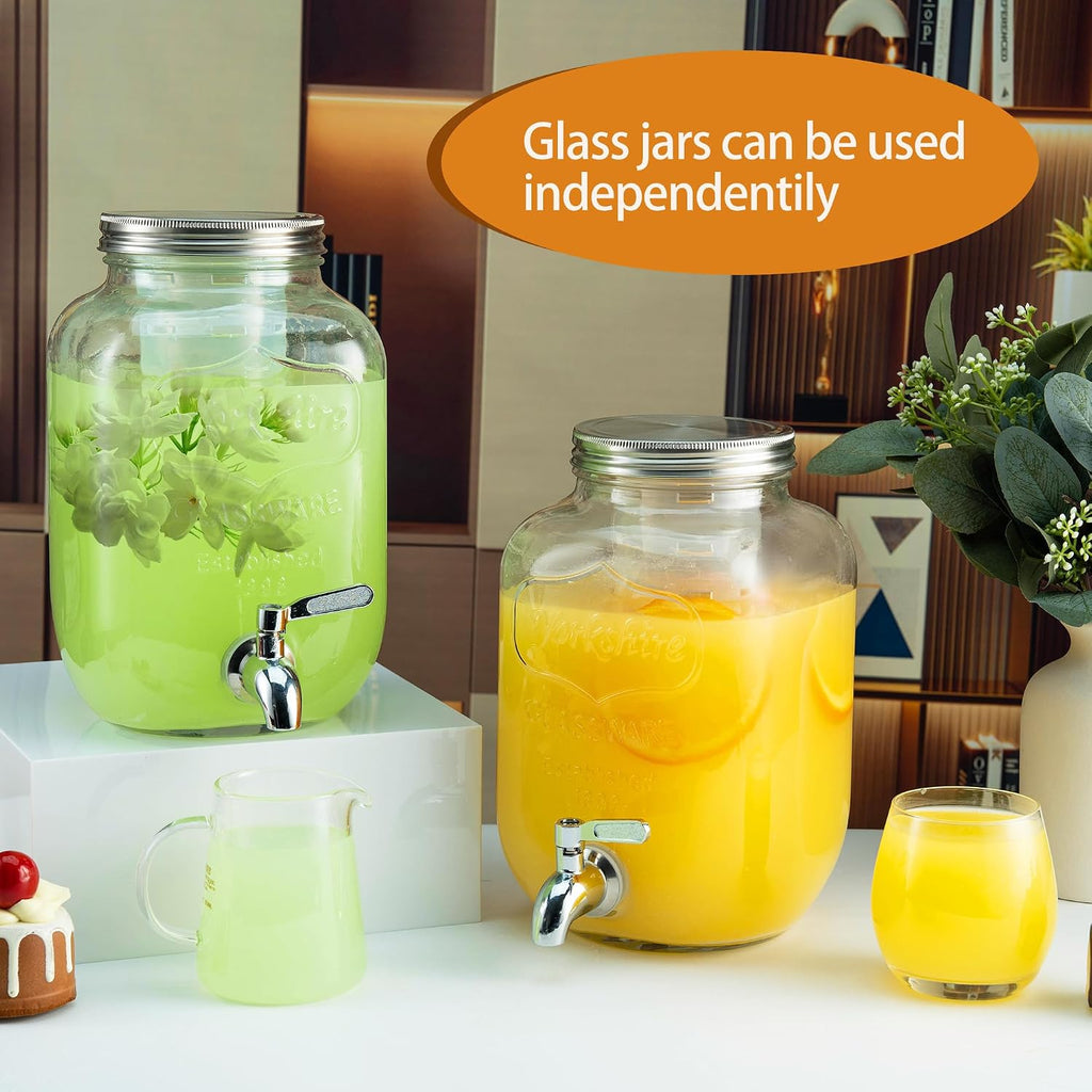 Gallon for Parties, 2PACK Beverage Dispenser with Stand, Ice Cylinder and Stainless Steel Spigot 100% Leakproof - Set of 2