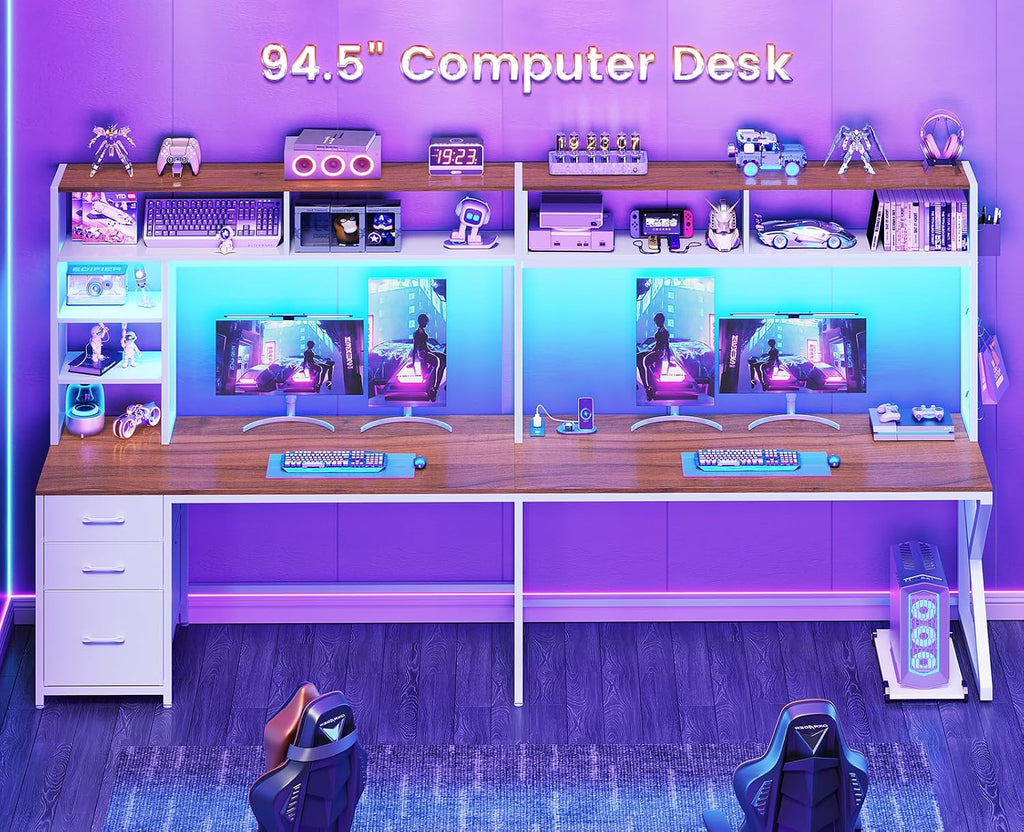 L Shaped Gaming Desk with Storage Drawers and Hutch, Convertible 94.5" Computer Desk with Drawers, Corner Computer