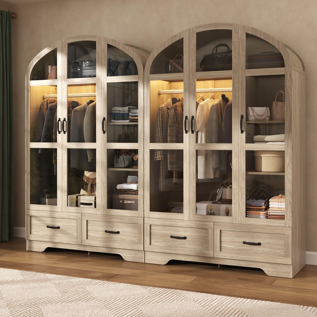 75"Arched Wardrobe Closet with 3 Doors, Bedroom Armoire with LED & Drawers