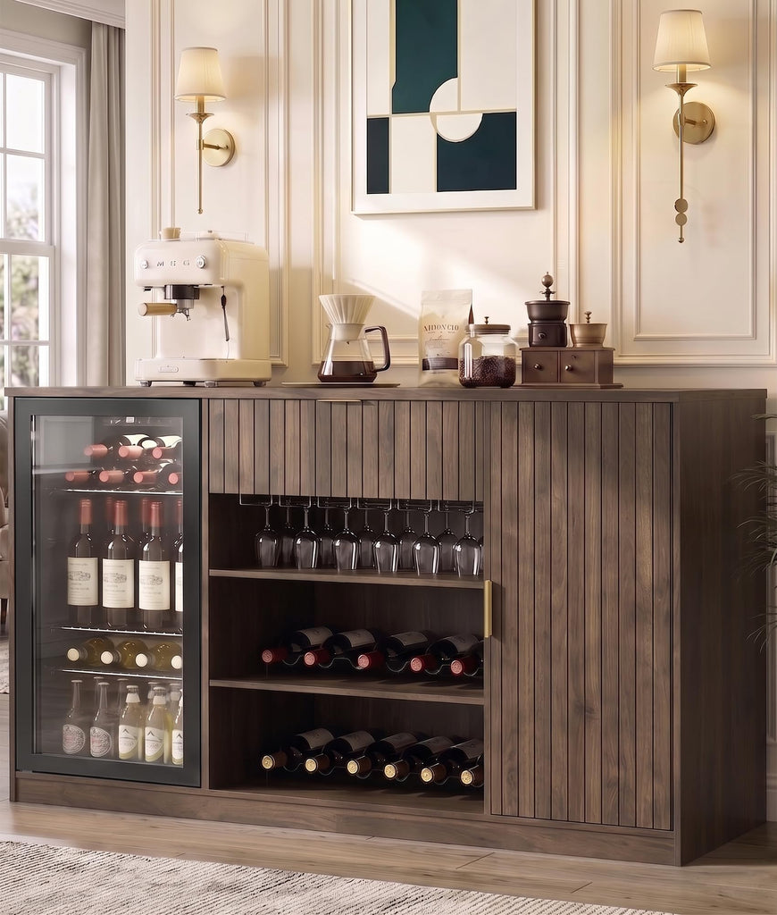 71" Coffee Bar Cabinet with 2 Fridge Space, Holder & Wine Racks