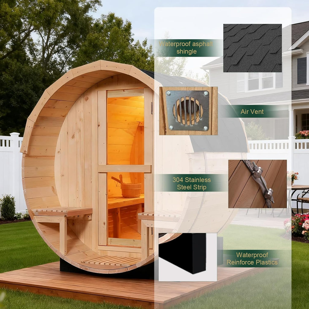 Outdoor Barrel Steam Sauna, 2-4 Person Canadian Pine Wood Saunas with Porch, Traditional Finnish Sauna Spa Room with
