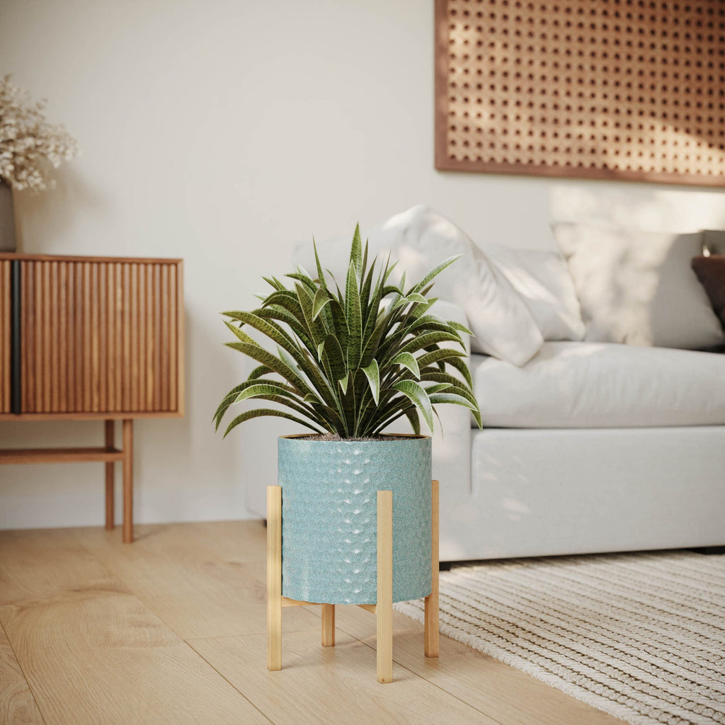Mid-Century Modern Rhys Honeycomb Embossed Planter Pot with Kinsley Wood Stand, Metal Indoor Plant Pots, Blue Green