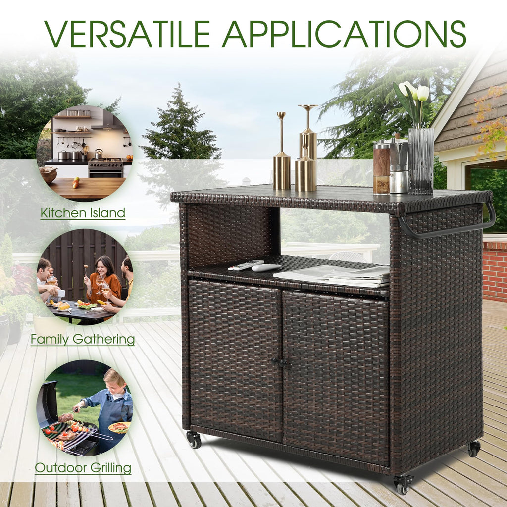 Outdoor Bar Cart with Storage Cabinet, Brown