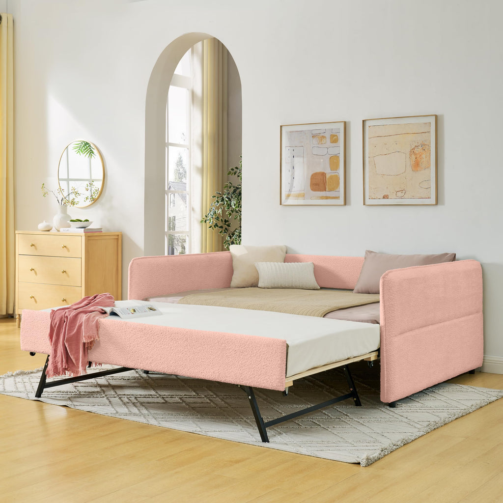 Full Size Upholstery Tufted Daybed with Erectable Trundle, Pink