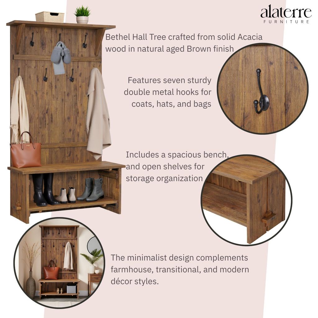 Bethel Rustic Solid Wood Entryway Hall Tree with Bench, Natural