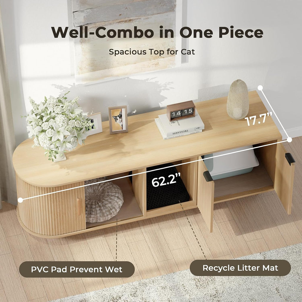 62'' Cat Litter Box Enclosure with Sliding Tambour Door, Fluted Litter Box Enclosure Furniture Hidden Litter Box