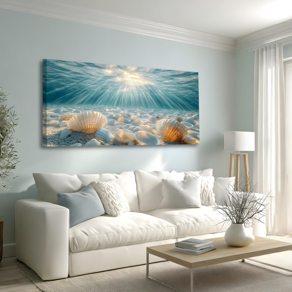 Ocean Underwater Wall Art 20x40 Inch Large Beach Seashell Canvas Wall Decor Teal Blue Coastal Ocean Print with