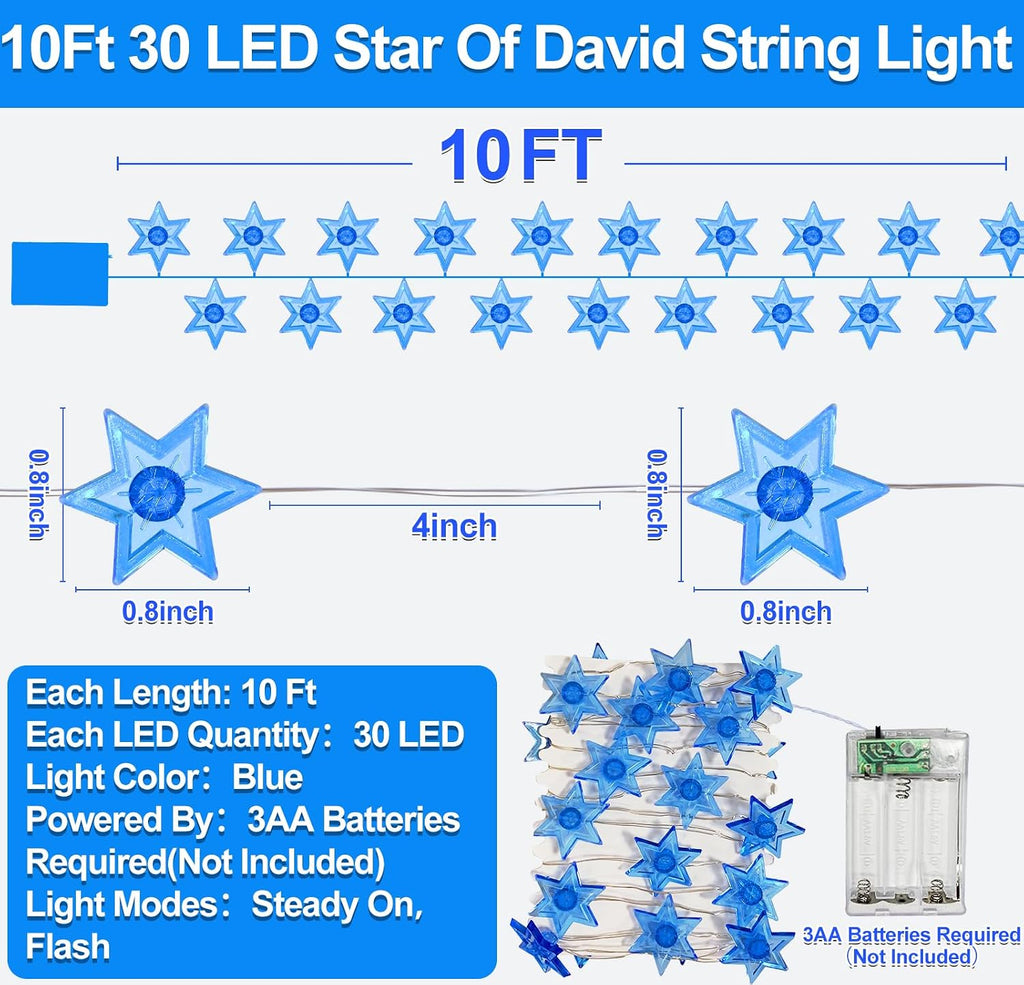 [Timer] 10FT 30LED Hanukkah Decorations Star of David String Lights, Battery Operated Waterproof Blue Lights Hanukkah - Set of 30