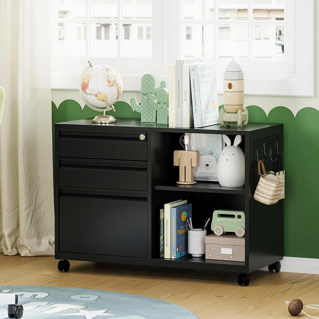Mobile 3 Drawer File Cabinet with Lock-Metal Lateral Rolling Printer Stand Filing Cabinets -Storage A4/F4/Letter
