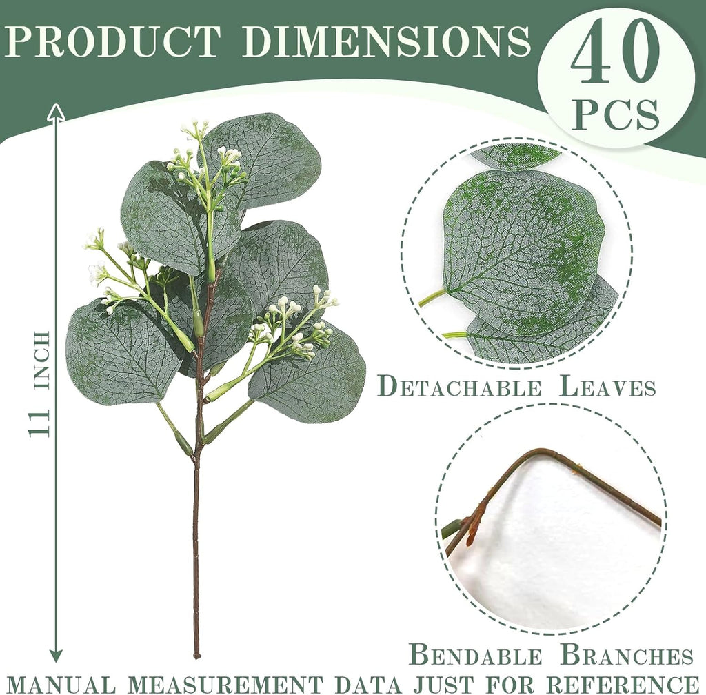 Faux Eucalyptus Leaves Stems Bulk Silver Dollar White Seed Artificial Greenery Stems Fake Sprays Branches - Set of 40