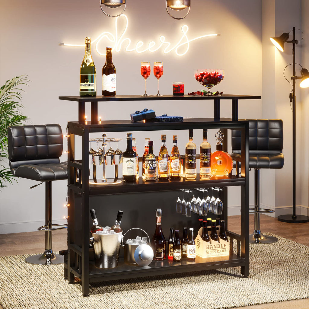 Bar Unit for Liquor, 44-Inch Bar Height Table with Storage, Black Mini Entertainment Carts Pub Table with