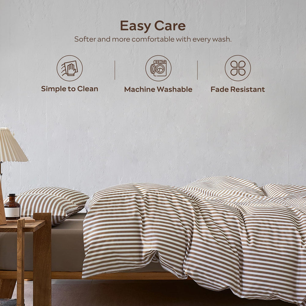 100% Cotton Printed Striped Duvet Cover King Set, Brown