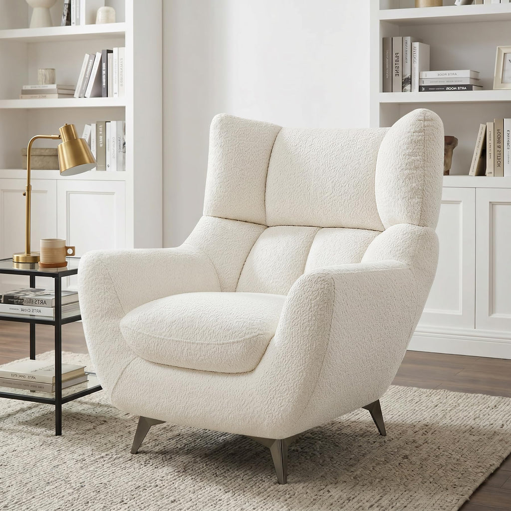34.6" Oversized Accent Chair with WingBack, Teddy Boucle White