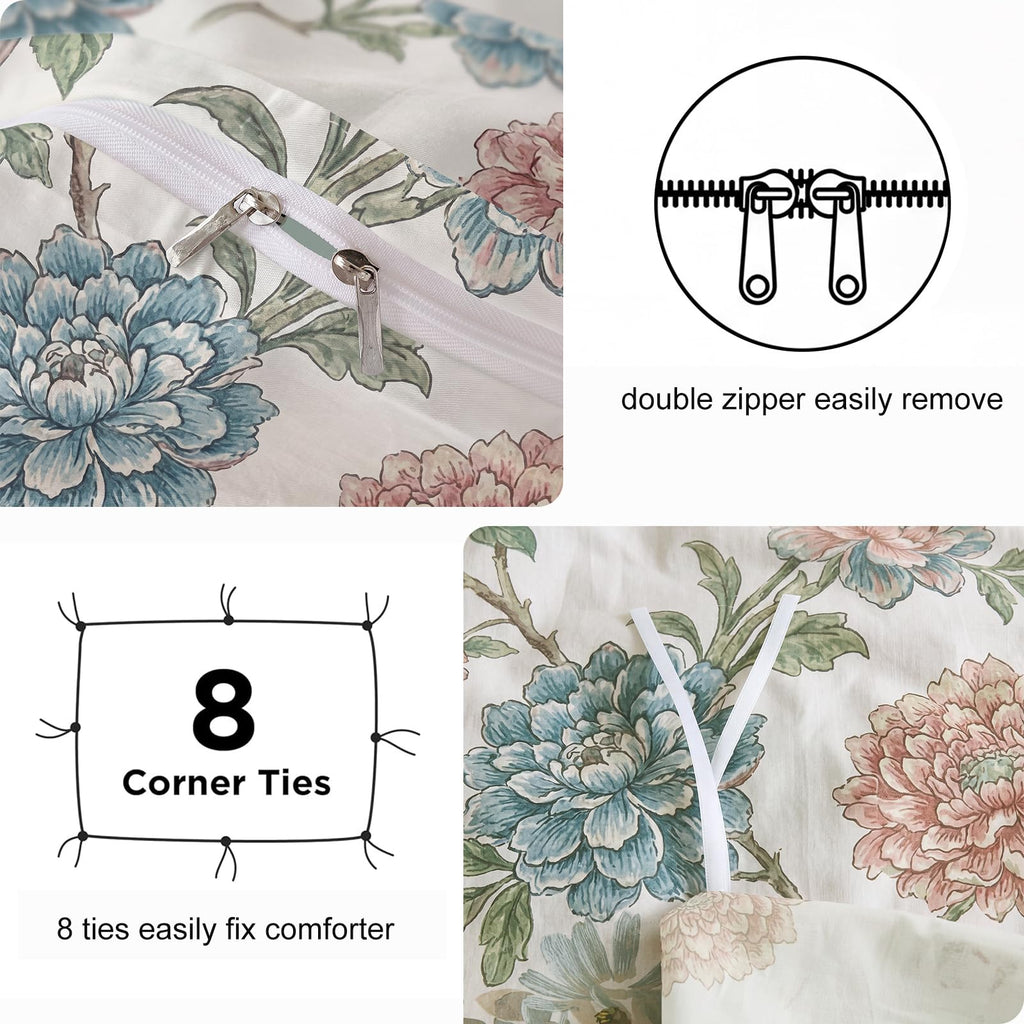 100% Cotton Duvet Cover Set, Digital Printed Vintage Floral Botanical Duvet Cover with Zipper Closure & 8