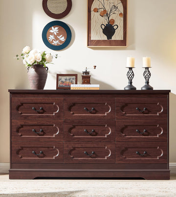 9 Drawer Cherry Bedroom 59" Wide Wooden Cabinet