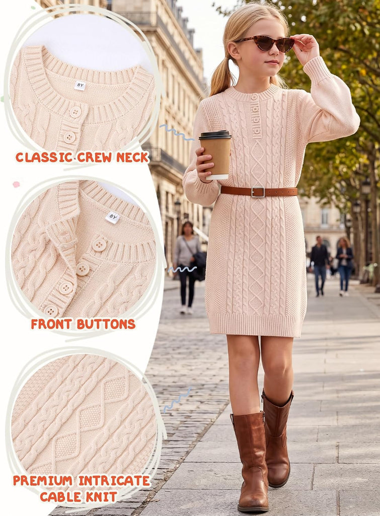 Girls Sweater Dress Fall Winter Long Sleeve Knit Button Henley