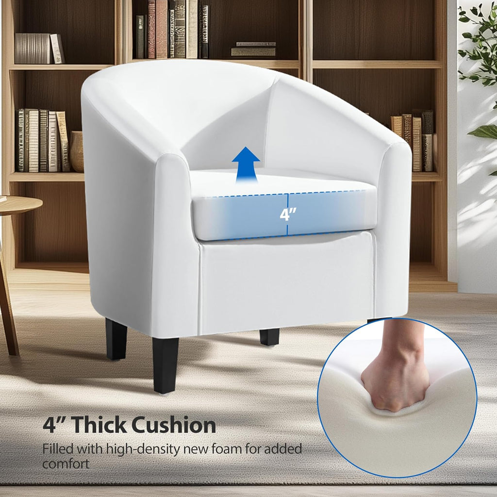 Accent Chairs, Faux Leather Barrel Armchairs White - Set of 2