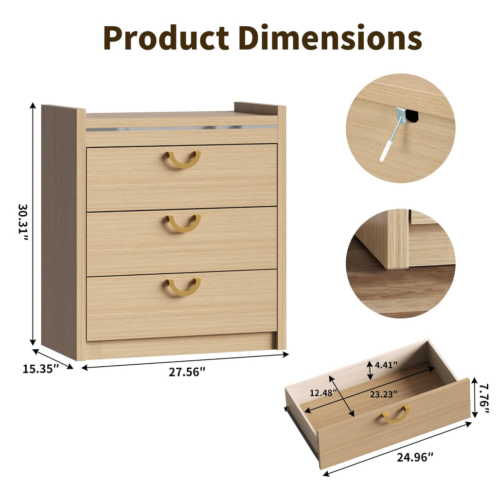 3 Drawer Dresser, 30.31" Tall Closet Chest Dressers Storage with Drawers, Gold Curved Handle & Raised Edge Design