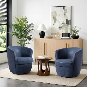Faux Leather Swivel Accent Chairs, Barrel Club Chair, Navy - Set of 2