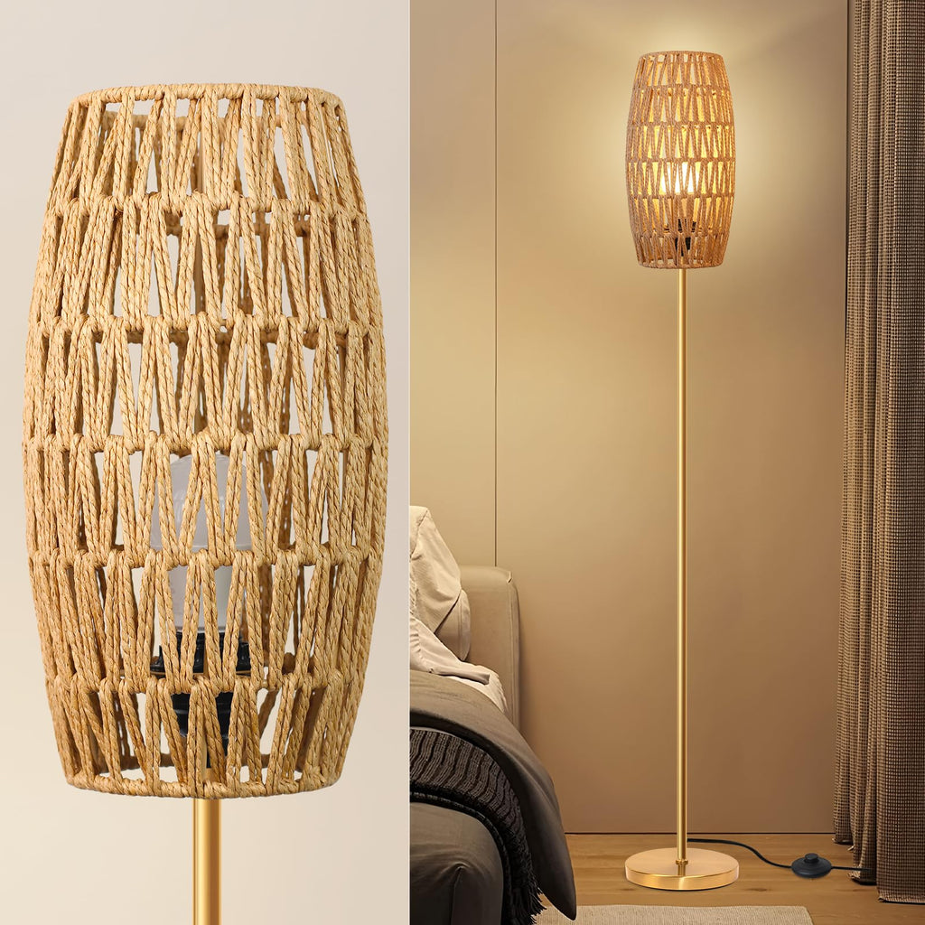 Floor Lamp,Farmhouse Floor lamp,Modern Standing lamp with Hand-Worked Rattan Shade (Drum Rattan Shade Body Gold