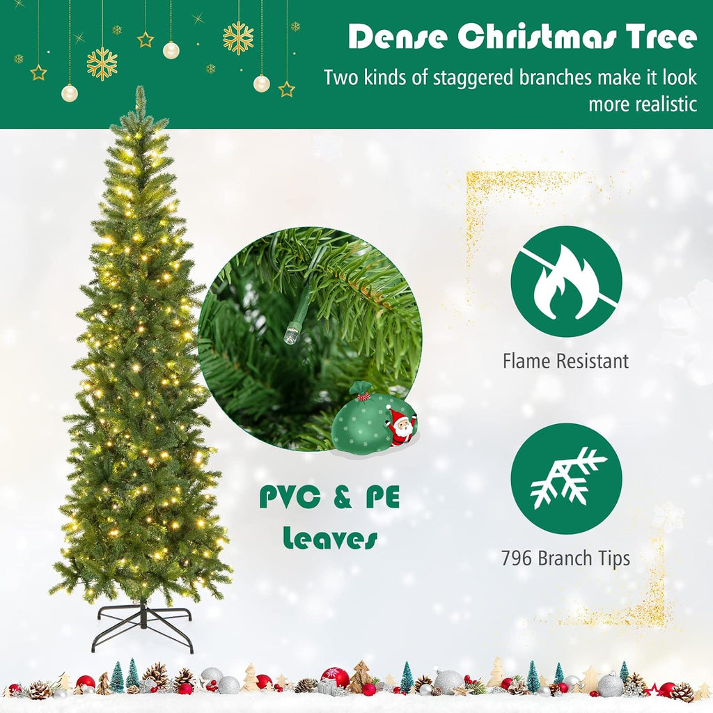 7.5ft Pre-Lit Pencil Christmas Tree, Hinged Artificial Slim Tree with 796 PVC PE Branch Tips, 350 LED Lights