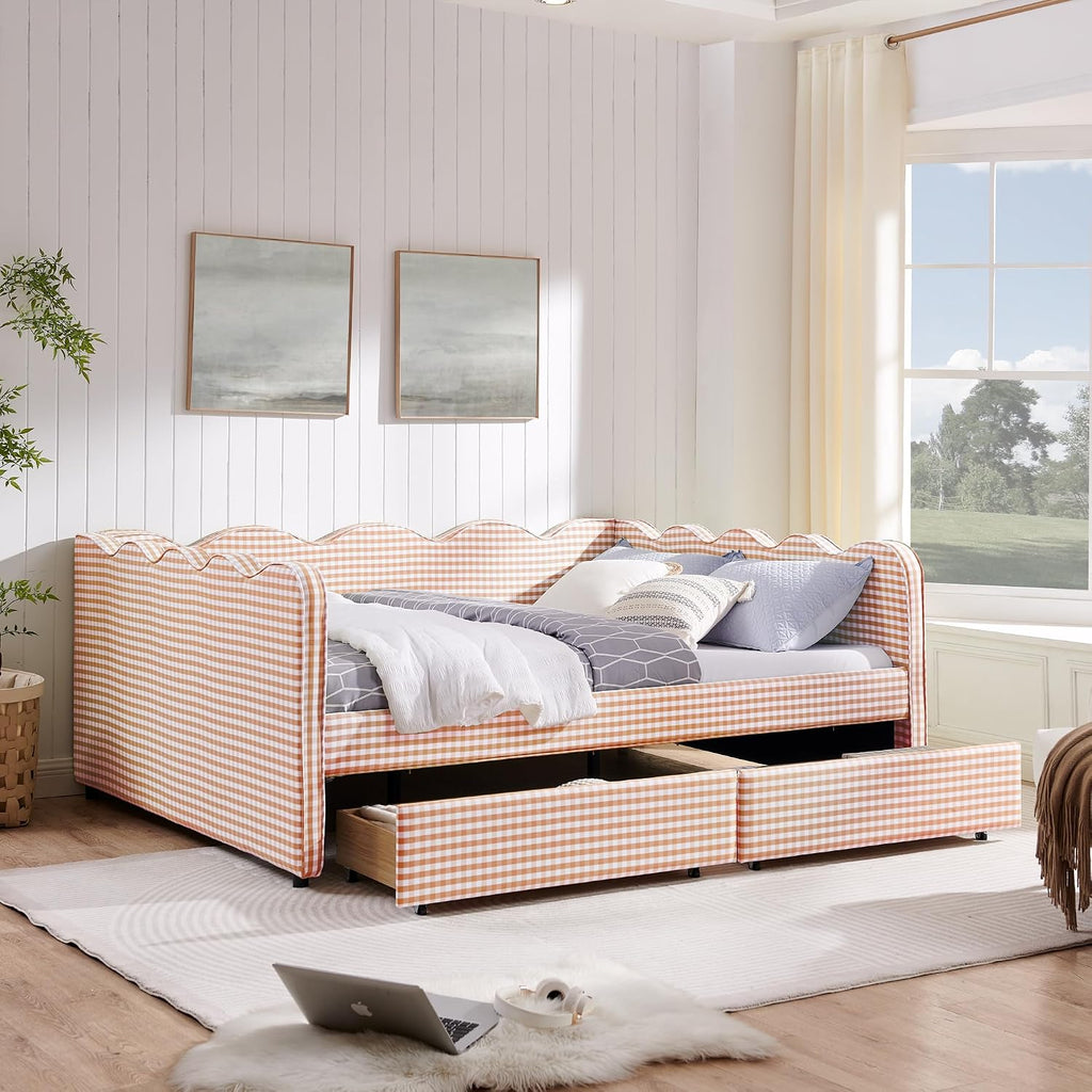 Daybed Queen Size with Two Storage Drawers,Gingham Upholstered Day Bed Frame Queen with USB Port & Wave Shaped