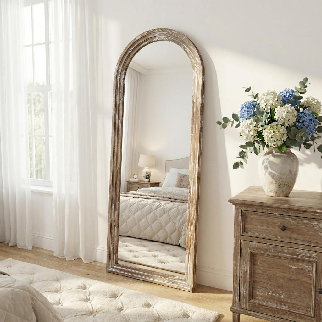 Distressed White 63x21 Arched Full Length Mirror with Stand