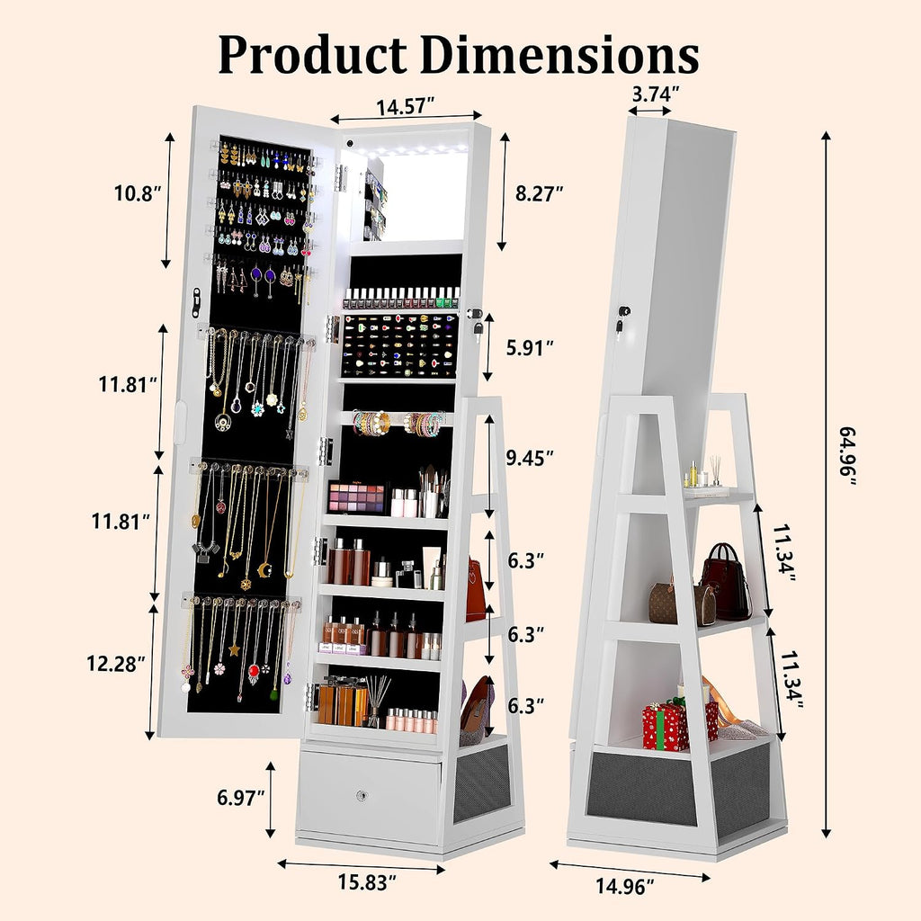 360° Swivel Jewelry Armoire With Drawer, Full Length Mirror, White