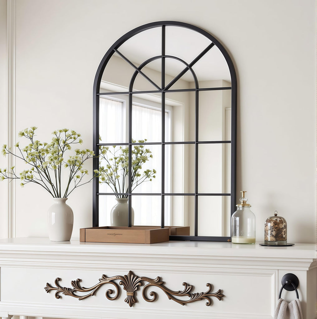 Arched Wall Mirror, 42"x30" Metal Frame Windowpane Mirror, Black