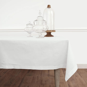White Tablecloth 58 x 104 Inch - Cotton Linen Hemstitch Rectangular Tablecloth - Machine Washable Ta