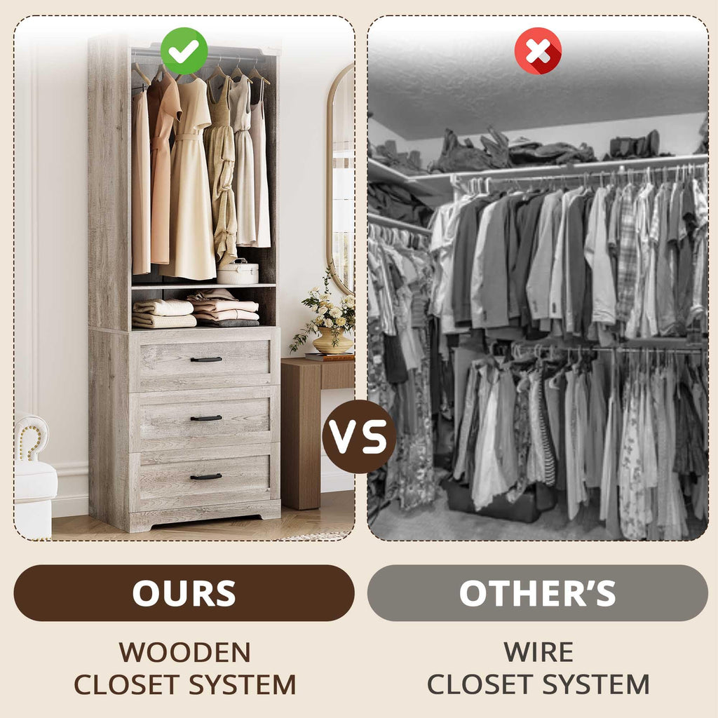 Freestanding Closet System with Adjustable Shelves & 3 Drawers