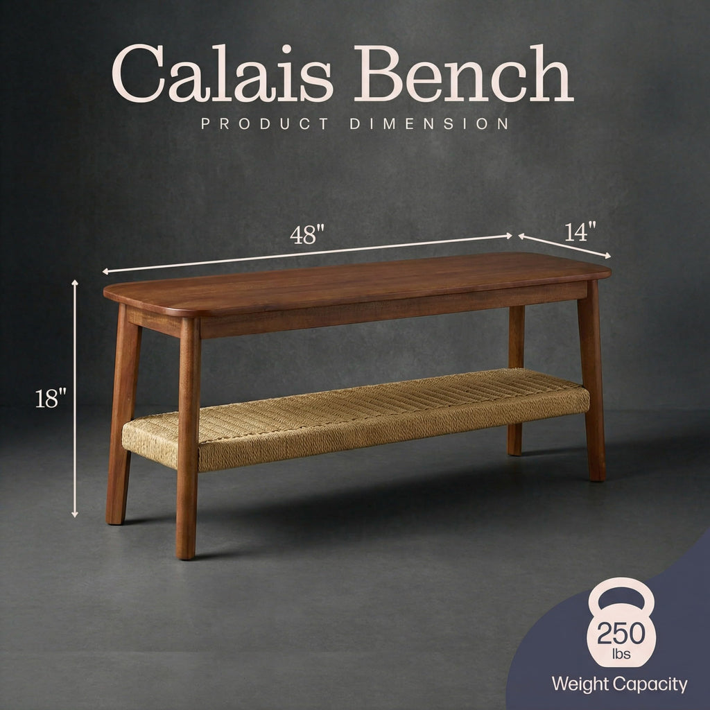 Calais Solid Wood Entryway Bench with Woven Storage Shelf, Chestnut, 48"