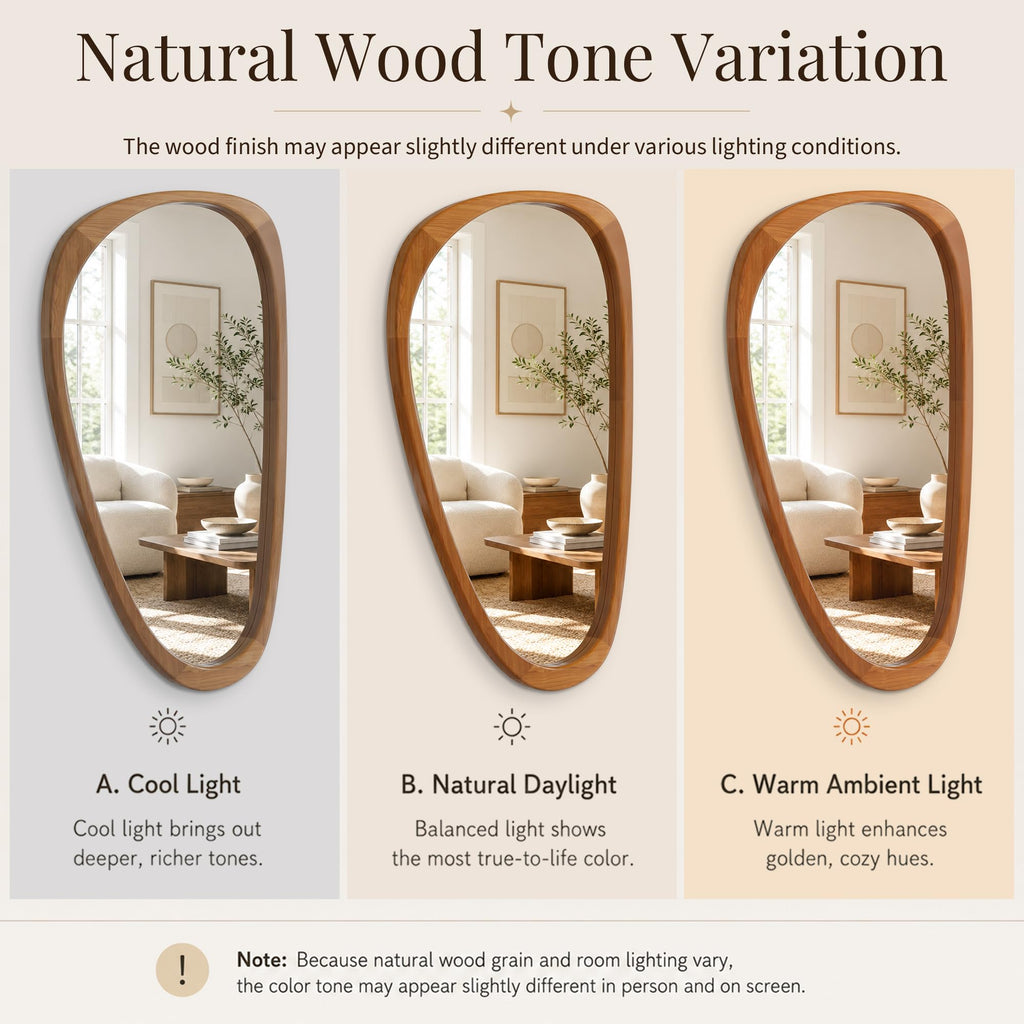 48x24 Inch Warm Walnut Large Irregular Solid Wood Wall Mirror