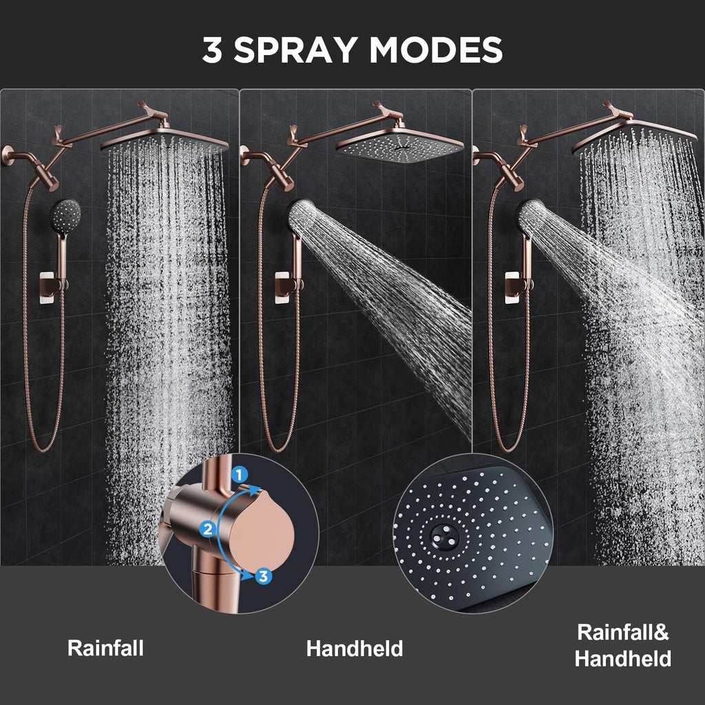 Rose Gold 11.8" High Pressure Shower Head with Handheld, Easy Install