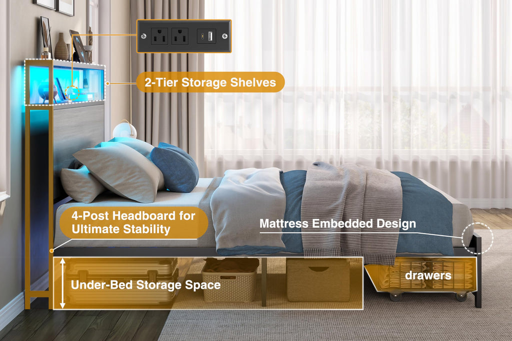 Bed Frame with 2 Drawers, LED Lights, Charging Station, Rustic Grey