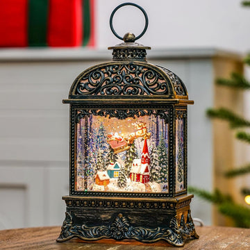 Christmas Village Snow Globe Lighted Flying Santa Scene, Musical Snow Water Lantern Swirling Glittering Home