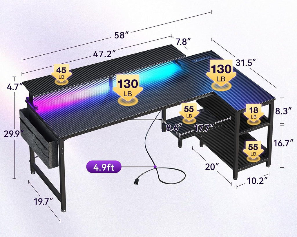 58 Inch L Shaped Gaming Desk with LED Lights, Power Outlets, Black | Adjustable Monitor Stand, Open Storage Shelves