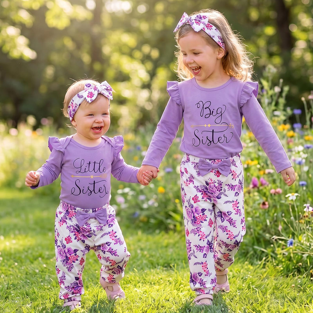 Big Sister Little Sister Matching Outfits Toddler Girl Clothes Newborn Baby Ruffle Romper Floral Pants Headband 3Pcs