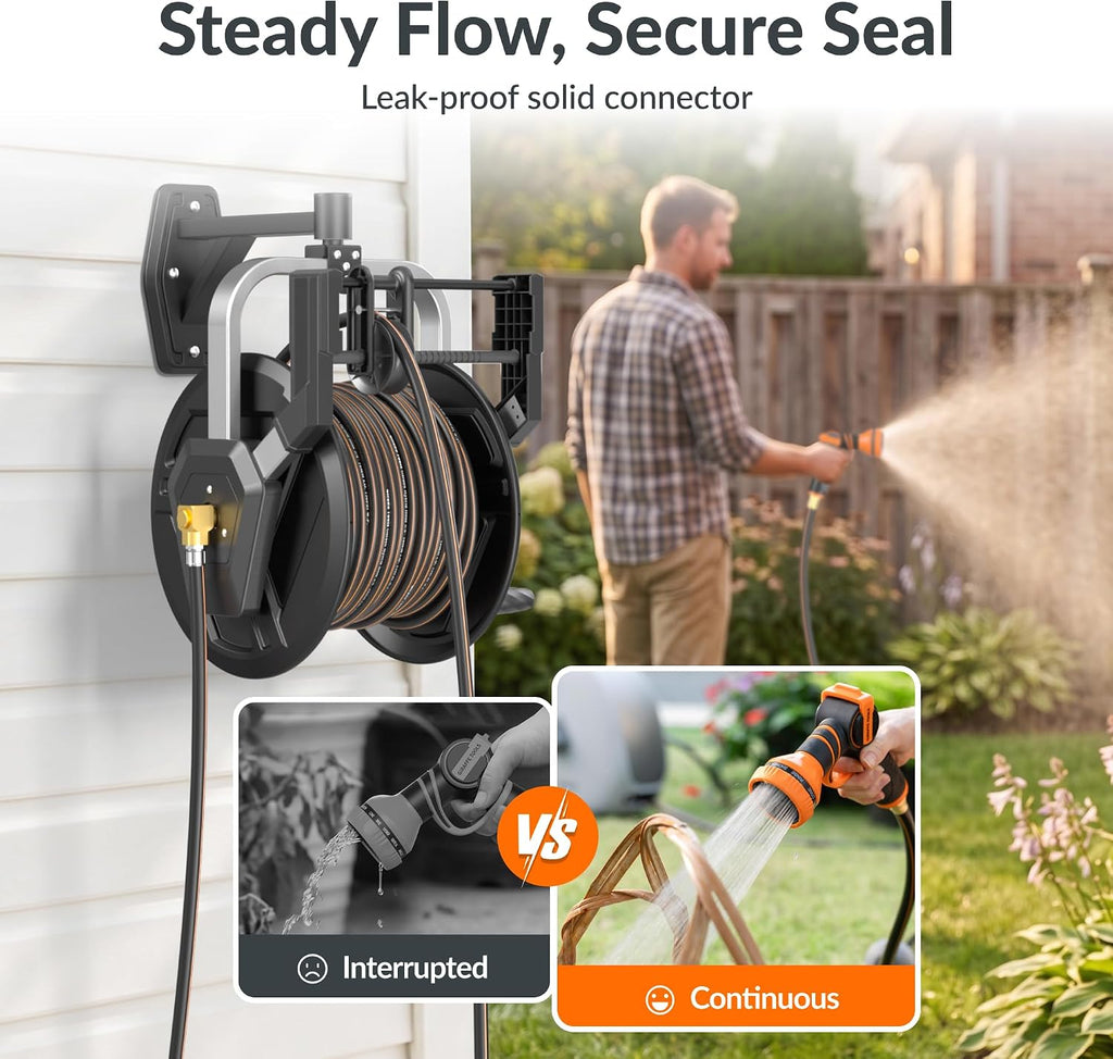 Garden Hose Reel, Wall Mounted 125FT 5/8" Hose Capacity, Heavy Duty Water Hose Reel for Outside, Retractable Hose