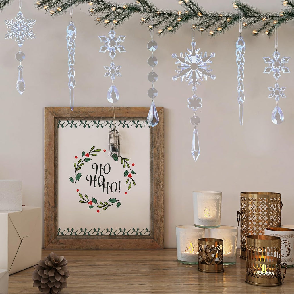 Crystal Christmas Tree Ornaments, Blue Acrylic Snowflake & Icicle - Set of 18